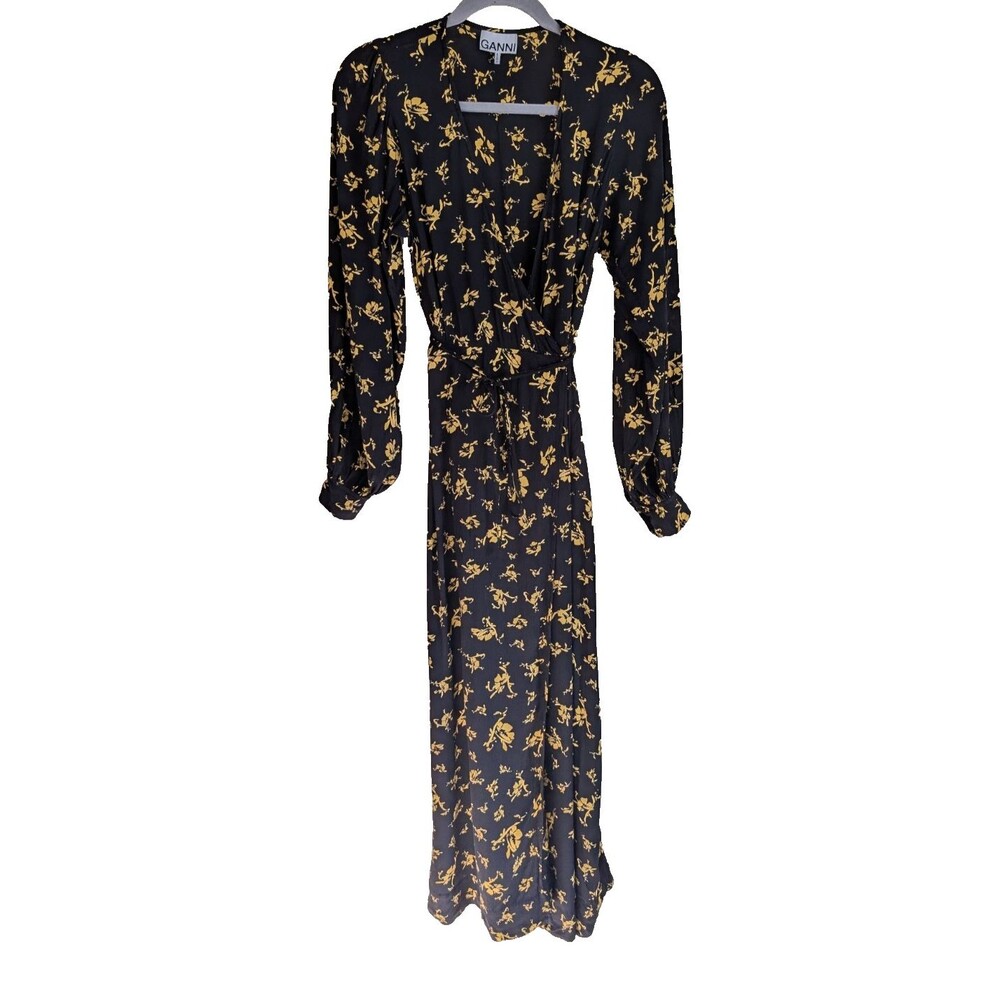 Ganni Maxi Wrap Dress Floral Printed Crepe Semi Sheer Size 38 US 6